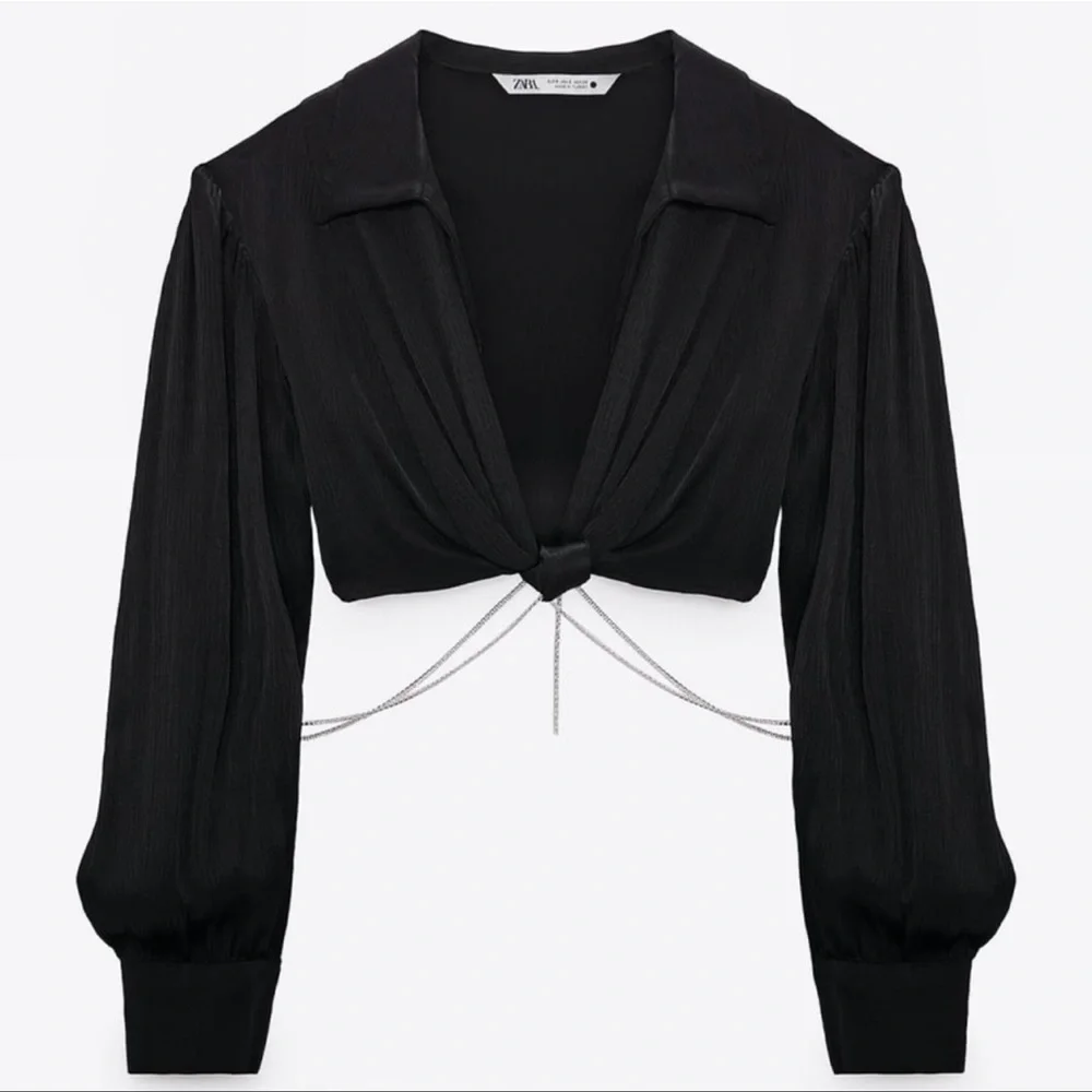 Zara Black Satin Long Sleeve Knotted Jewel Rhinestone Chain Crop Top